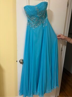 Turquoise Strapless Beaded Evening Gown